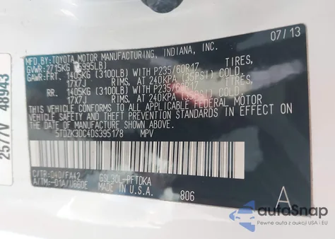 2013 Toyota Sienna L V6 7 Passenger z USA, uszkodzony, nr VIN 5TDZK3DC4DS395178